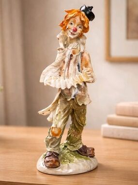 Vintage Orange and Cream Hand-Painted Clown Sculpture
